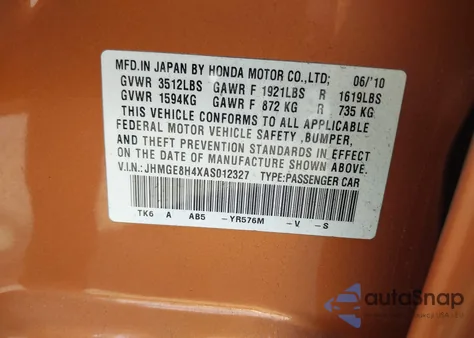 2010 Honda Fit Sport from USA, damaged, VIN JHMGE8H4XAS012327